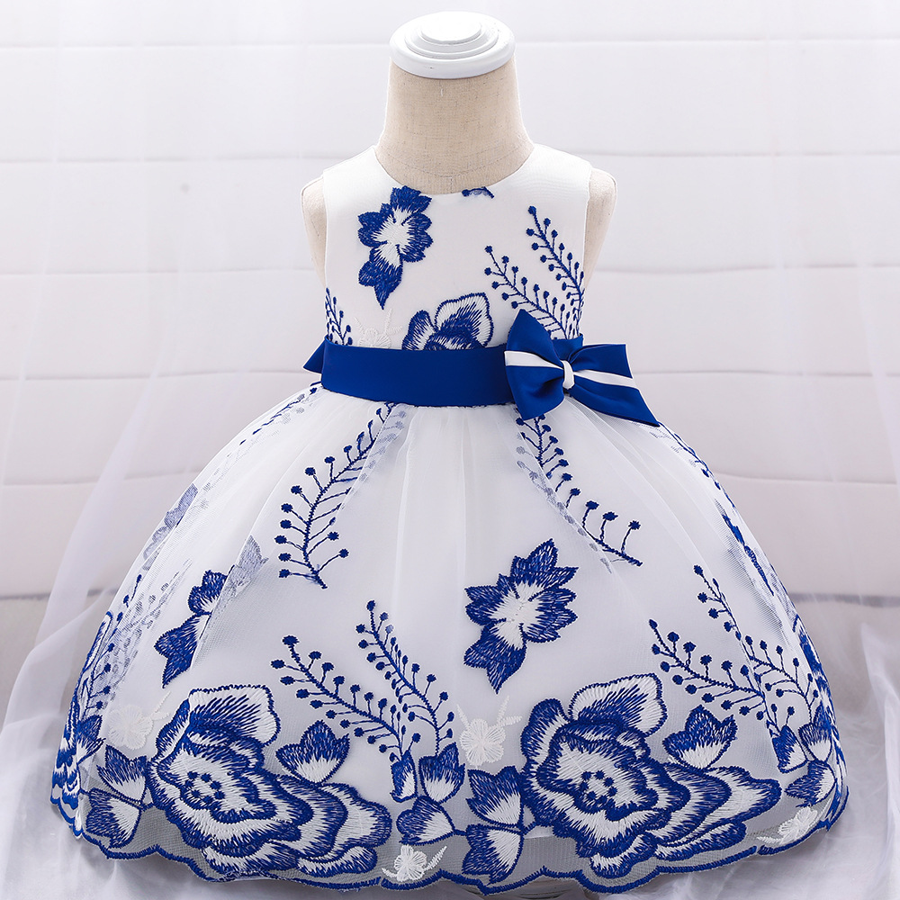 Embroidery Flower Girl Dress Bow Tutu Newborn Christening Baptism Party Birthday Gown Baby Kids Clothes blue