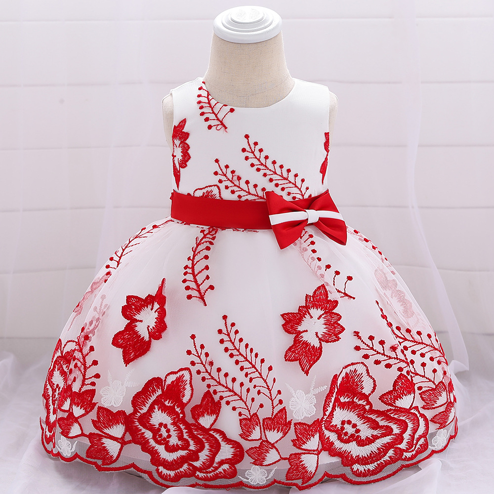 Embroidery Flower Girl Dress Bow Tutu Newborn Christening Baptism Party Birthday Gown Baby Kids Clothes red