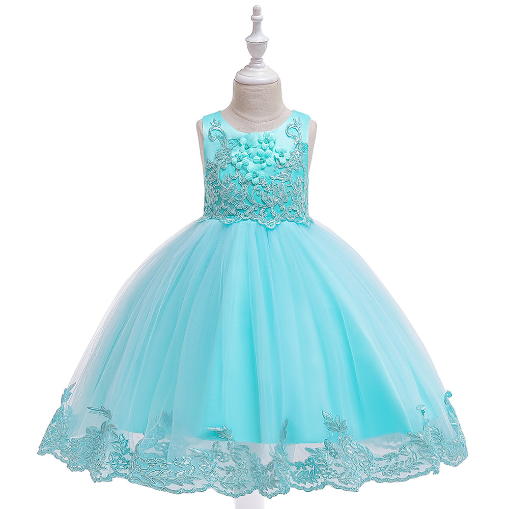  Applique Lace Flower Girl Dress Princess Wedding Birthday Prom Party Tutu Gonws Kids Children Clothes aqua