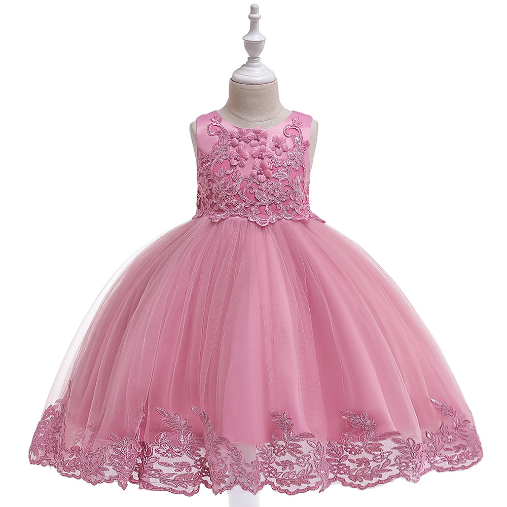  Applique Lace Flower Girl Dress Princess Wedding Birthday Prom Party Tutu Gonws Kids Children Clothes bean pink
