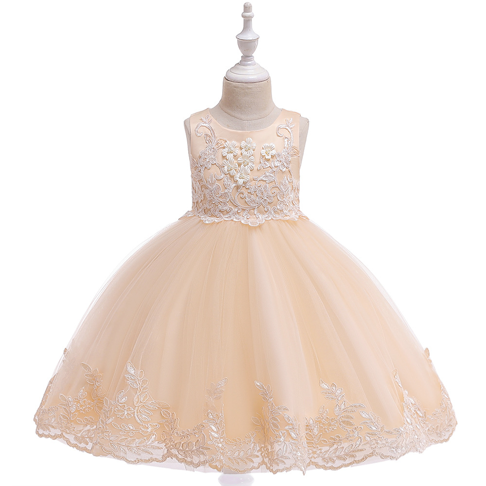 Applique Lace Flower Girl Dress Princess Wedding Birthday Prom Party Tutu Gonws Kids Children Clothes champagne