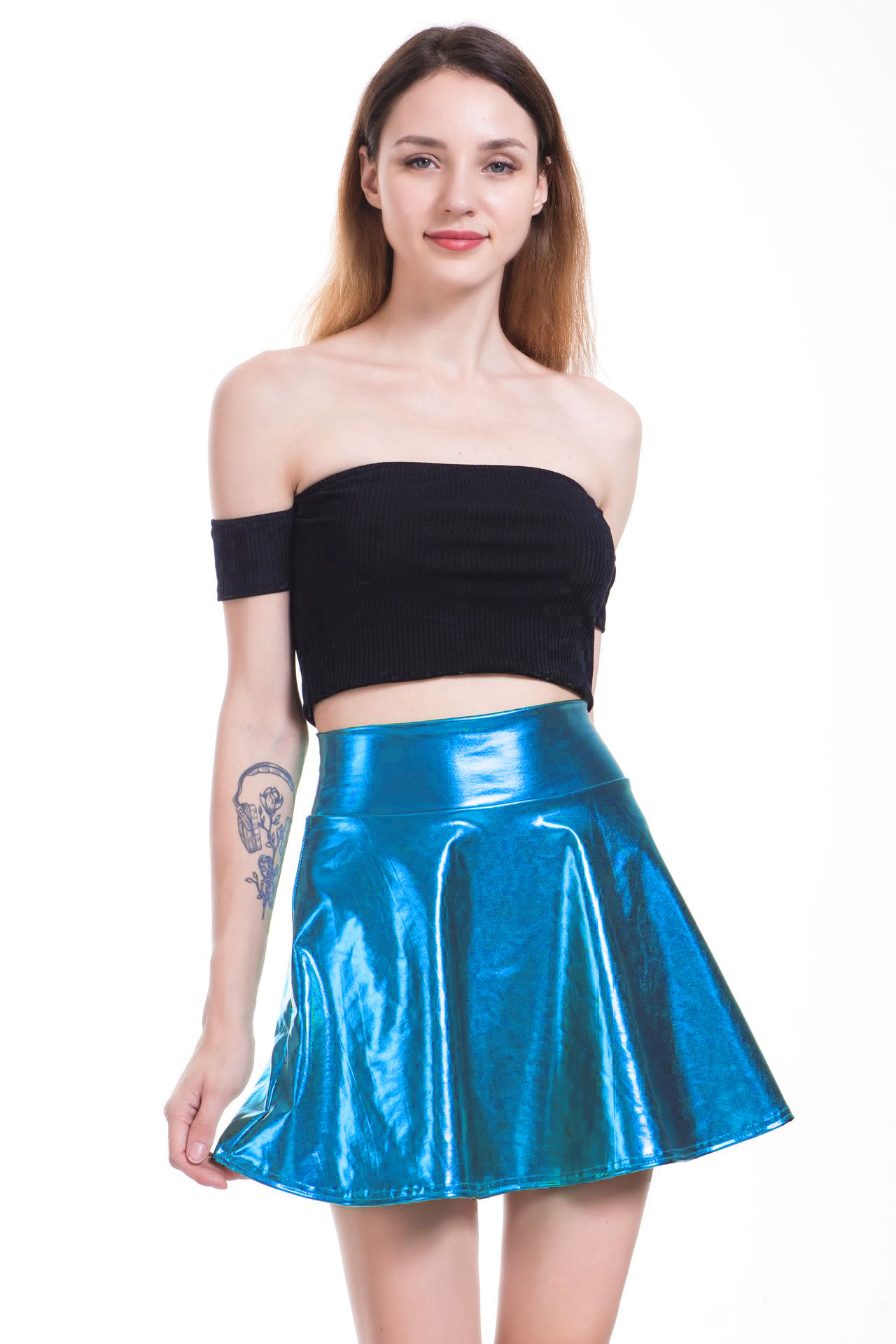 Women Mini Metallic Skirt Summer High Waist PU Leather Casual Stage Short A Line Club Party Skirt blue