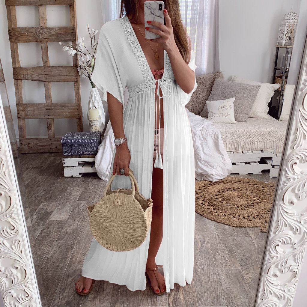 Women Maxi Dress V-Neck Half Sleeve Casual Lace Summer Beach Holiday Cardigan Long Dress white