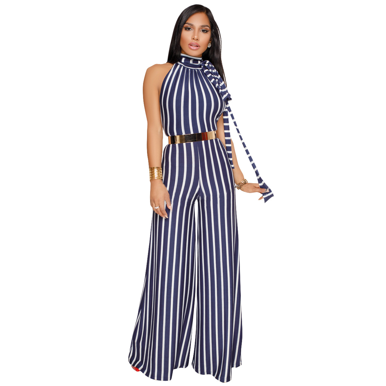 Women Striped Jumpsuit Casual Loose Backless Party Club Long Wide Leg Rompers Overalls Blue