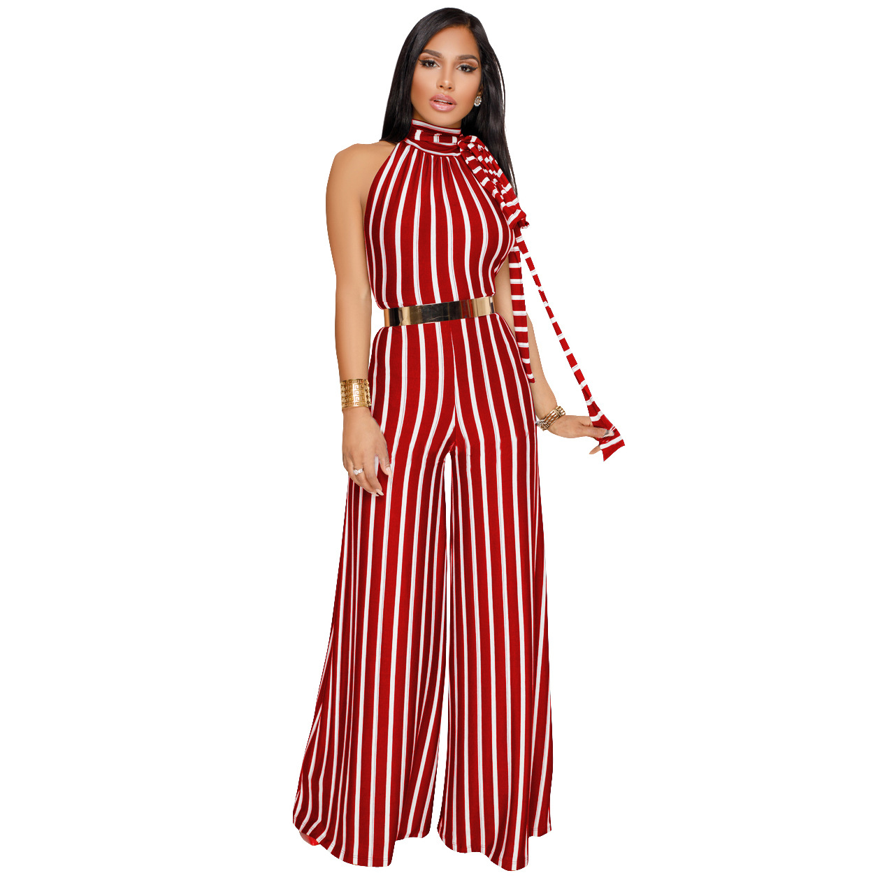 Women Striped Jumpsuit Casual Loose Backless Party Club Long Wide Leg Rompers Overalls Red