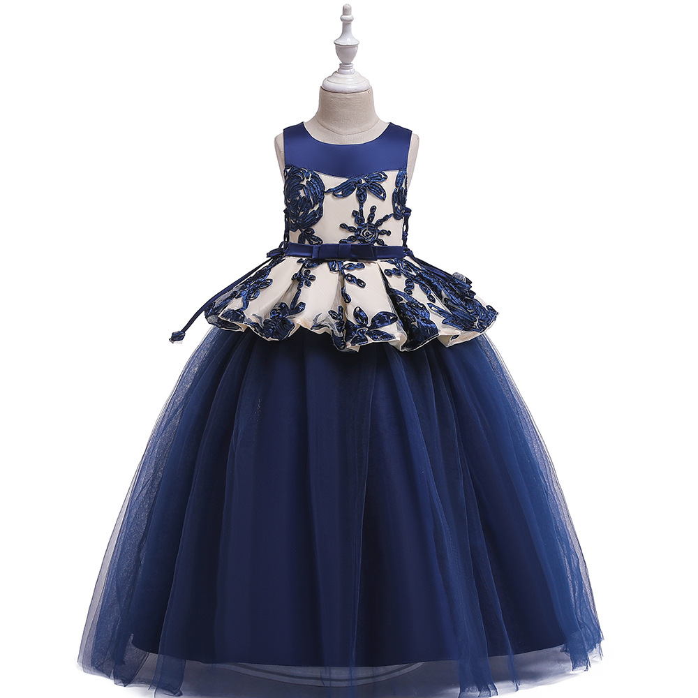 Long Flower Girl Dress Embroidery Teens Formal Birthday Party Tutu Gown Children Kids Clothes navy blue