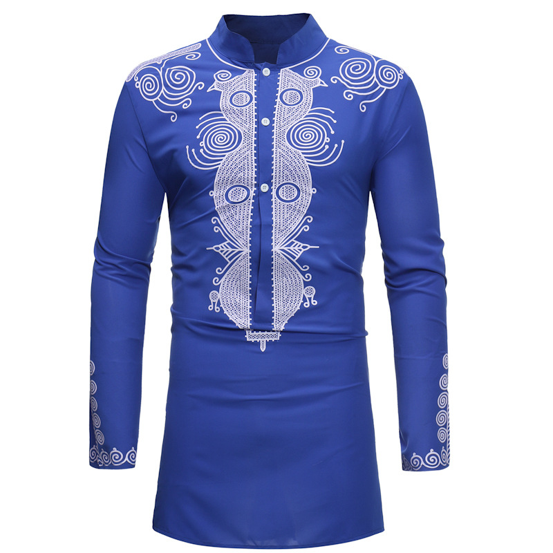 Men African Dashiki Printed Shirt Stand Collar Button Long Sleeve Casual Slim Shirt Blue