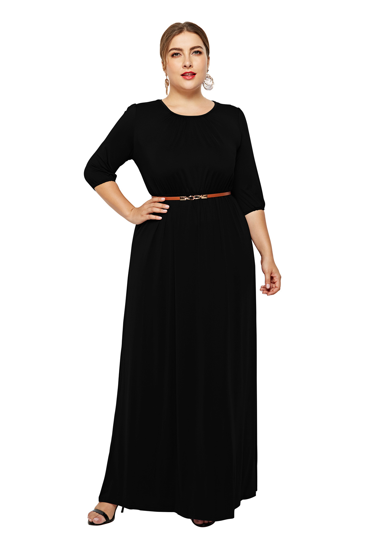Women Maxi Dress O-Neck 3/4 Sleeve Belted Plus Size Long Formal Party Dress black