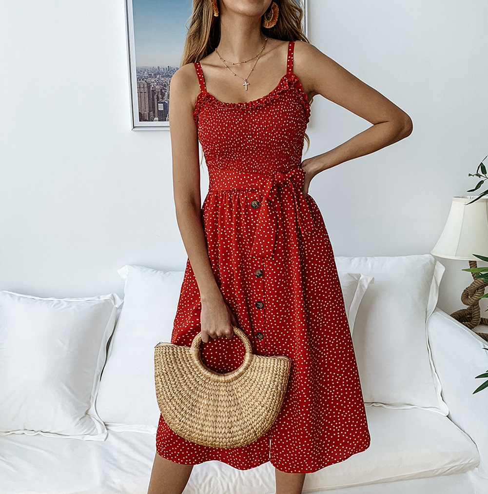 Women Polka Dot Dress Spaghetti Strap Buttons Summer Beach Boho Casual Midi A Line Dress red