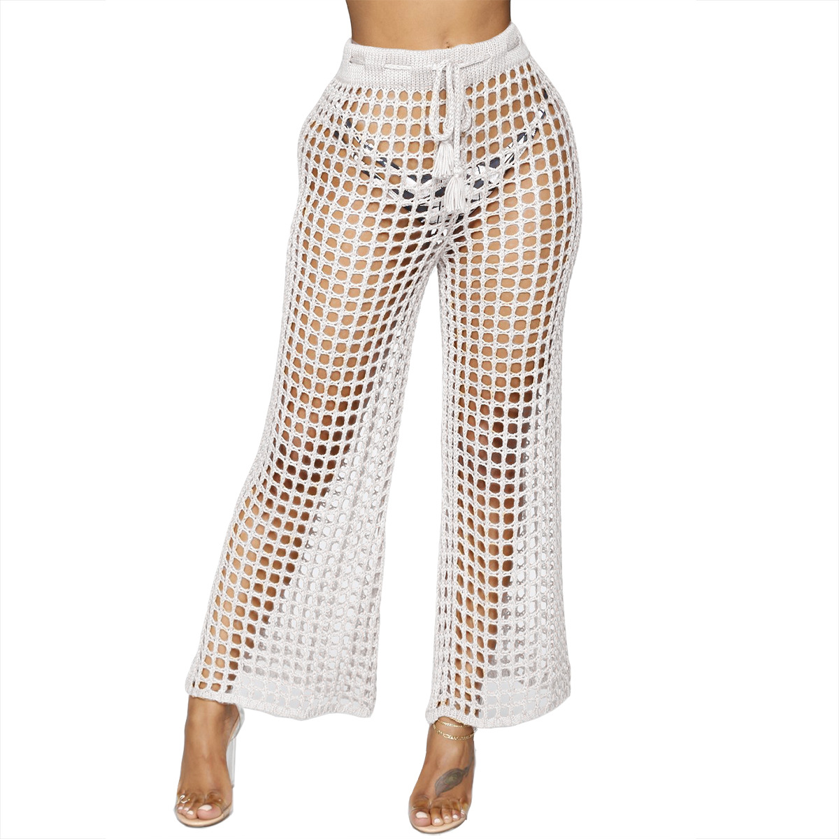 white fishnet flare pants