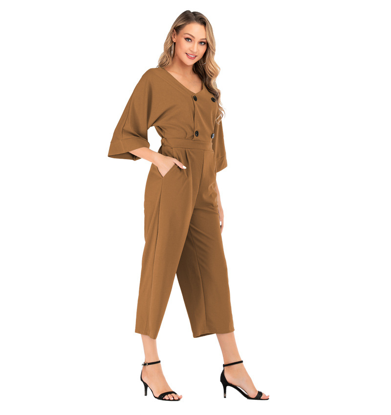 Women Wide Leg Jumpsuit Summer V-neck Bat Half Sleeve Button Casual Loose Rompers Overalls Brown