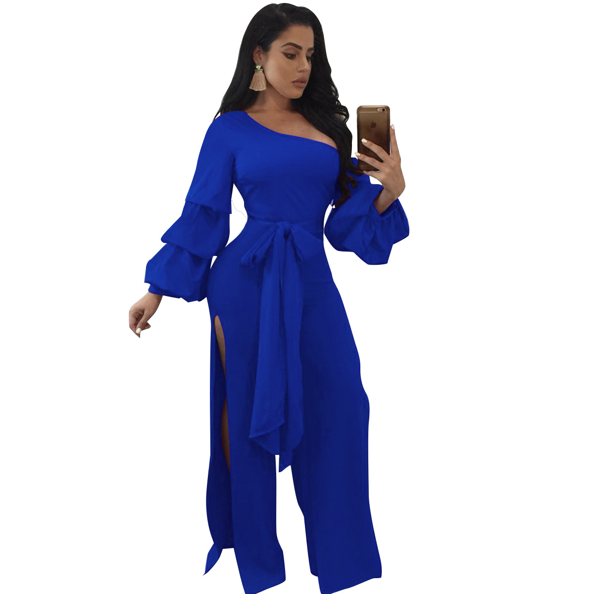 strapless lantern sleeve wide leg jumpsuit