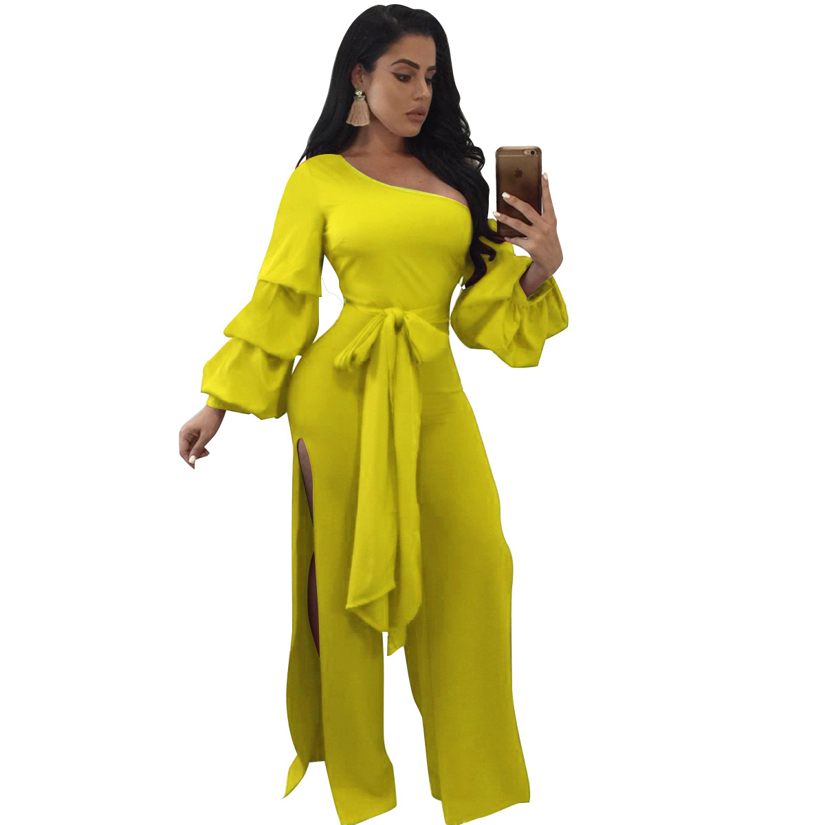 strapless lantern sleeve wide leg jumpsuit