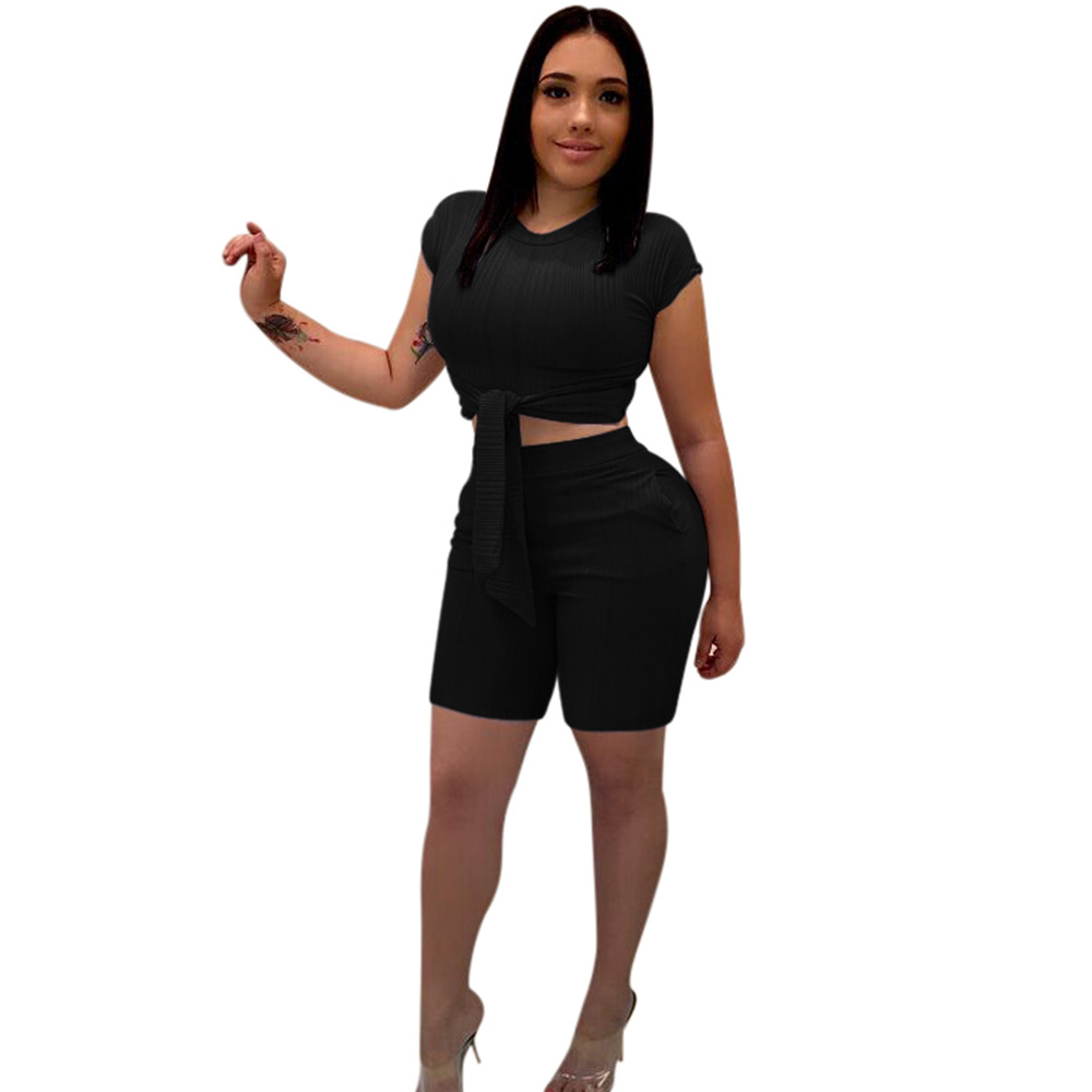 Women Tracksuit Short Sleeve Bandage Crop Tops+bodycon Shorts Casual Summer Two Piece Sets Playsuit Black