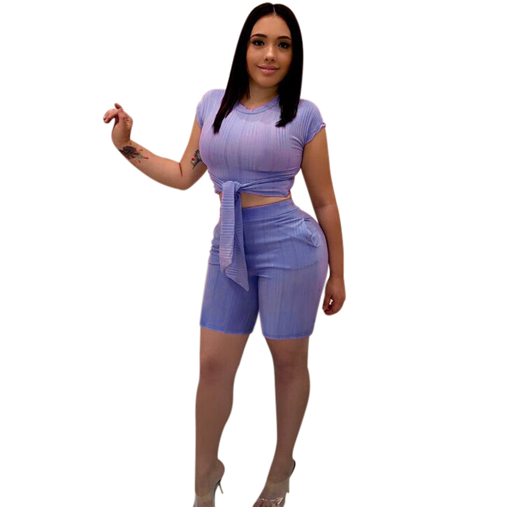 Women Tracksuit Short Sleeve Bandage Crop Tops+bodycon Shorts Casual Summer Two Piece Sets Playsuit Blue-purple