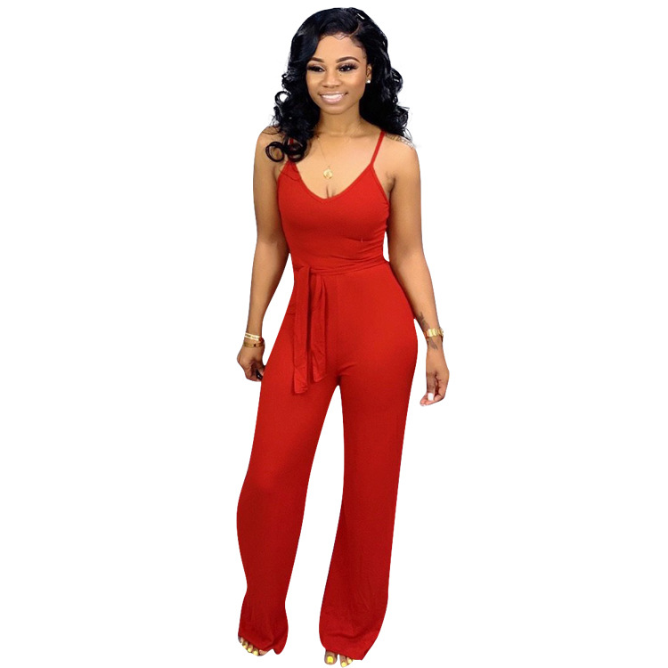 Women Jumpsuit Casual Spaghetti Strap Sleeveless Belted Long Wide Leg Pants Rompers Red