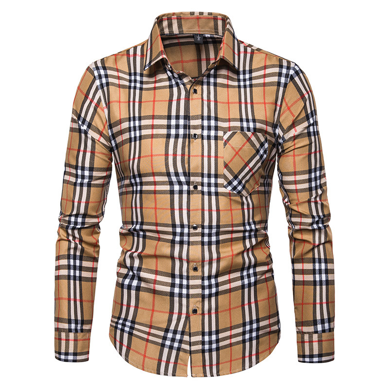  Men Plaid Shirt Turn-down Collar Long Sleeve Casual Business Slim Fit Plus Size Tops khaki