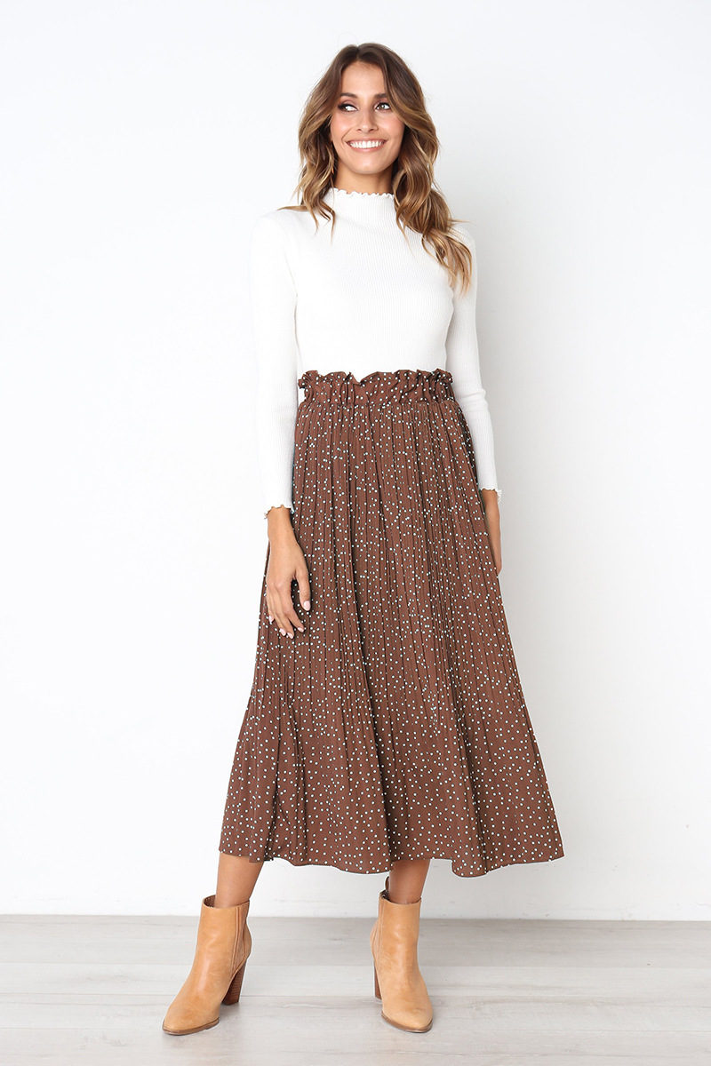 Women Polka Dot Pleated Skirt Spring Summer Pocket Elastic Waist Boho