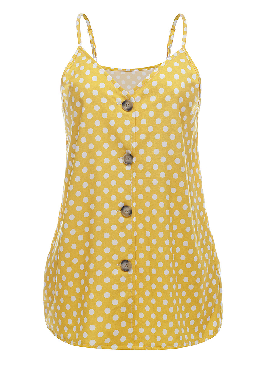  Women Polka Dot Tank Tops Spaghetti Strap Button Summer Casual Vest Sleeveless T Shirt yellow