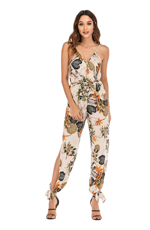 Women Jumpsuit V Neck Spaghetti Strap Sleeveless Casual Summer Long Pants Rompers Floral White
