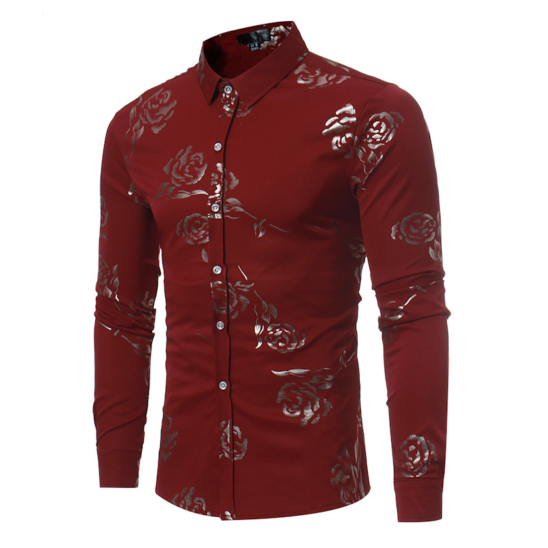 Men Rose Printed Shirt Single Breasted Long Sleeve Casual Slim Fit Male Top Shirt navy blue
