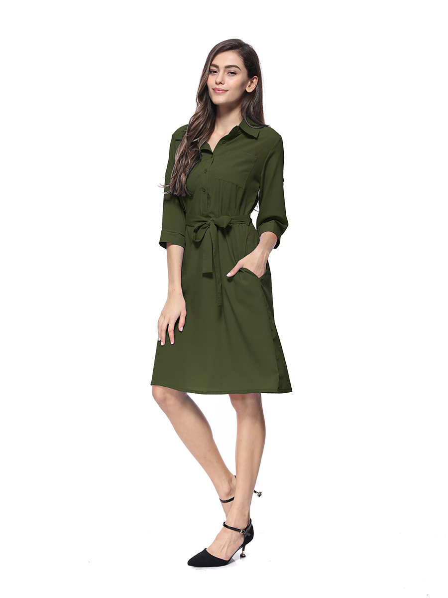 ANJUNIE Womens Solid Loose Shirt Dress Turn-Down Collar 3/4 Sleeve Casual Pocket Button Dress
