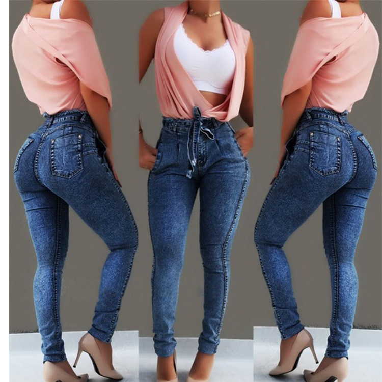 Women Jeans High Waist Bodycon Tassel Belted Bandage Slim Skinny Denim Pants Dark Blue
