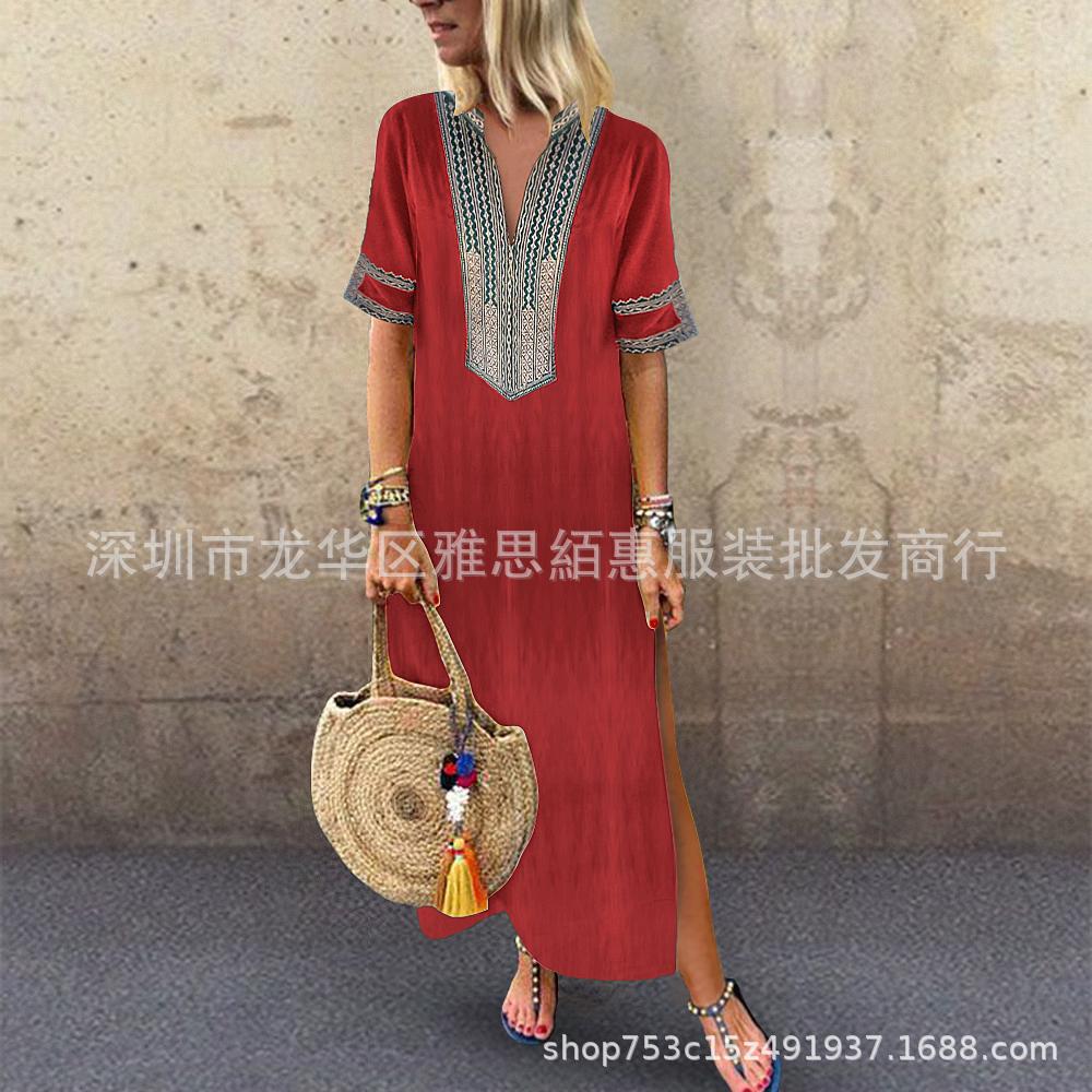 Women Maxi Dress Casual V Neck Short Sleeve Split Summer Boho Beach Holiday Long Dress red