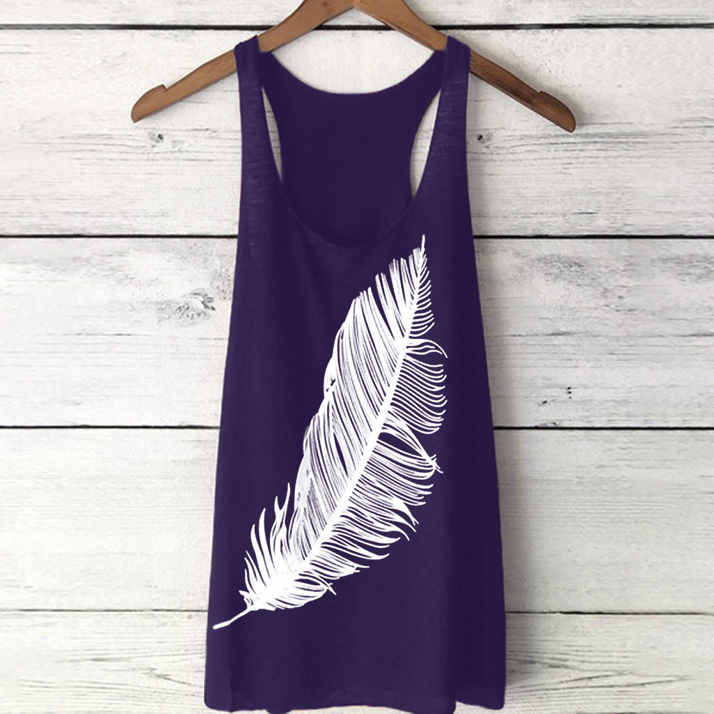 Women Tank Top Feather Printed Summer Casual Loose O-neck Sleeveless T Shirt Purple