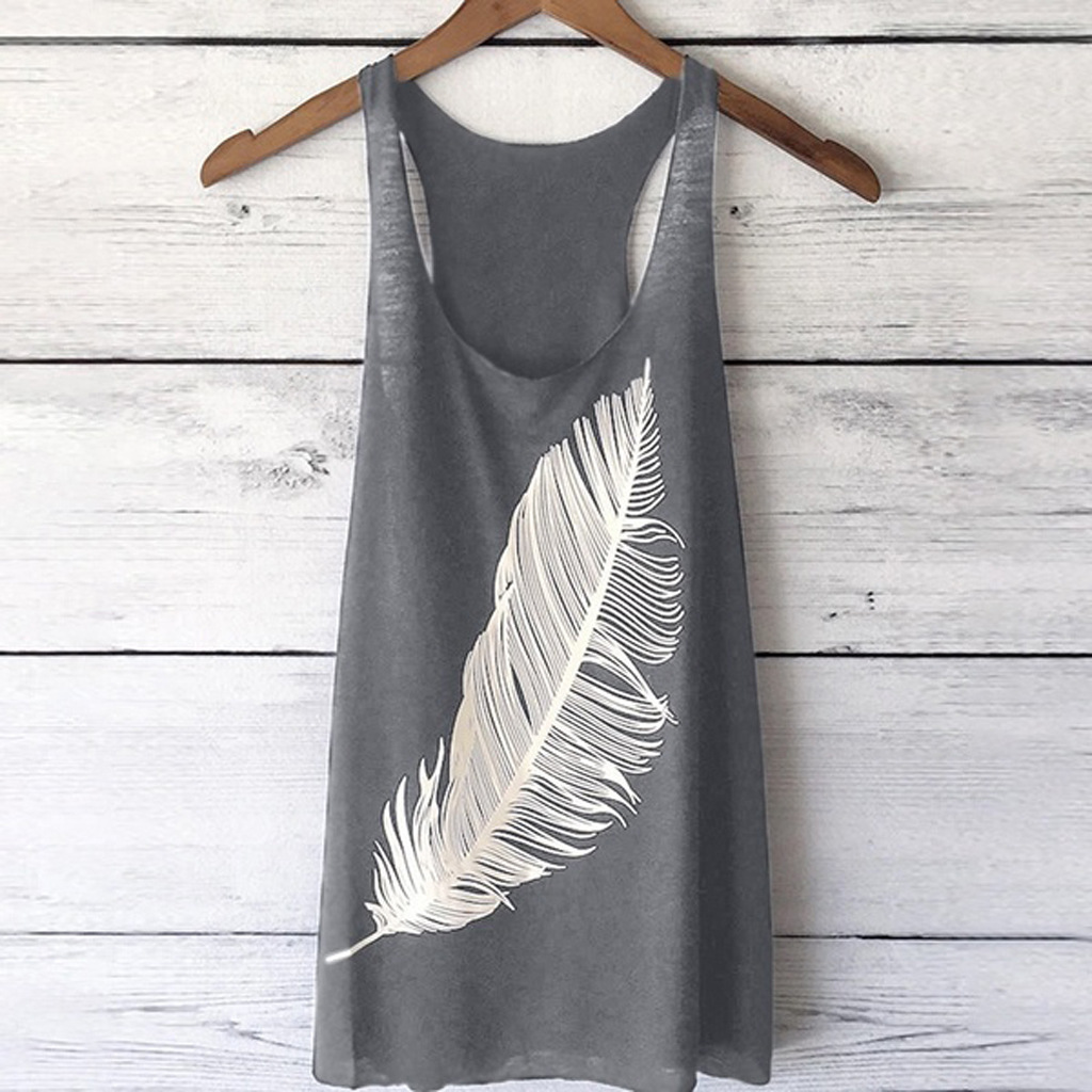 Women Tank Top Feather Printed Summer Casual Loose O-neck Sleeveless T Shirt Gray