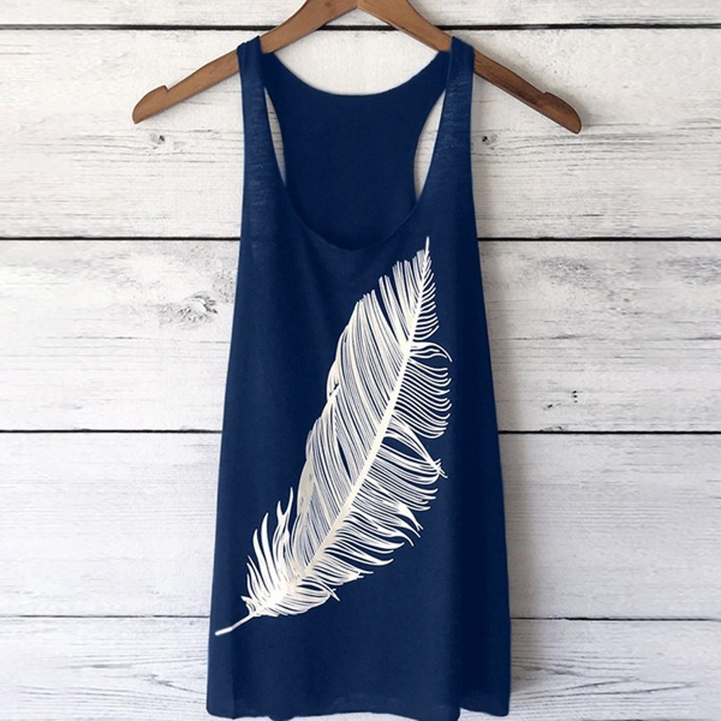 Women Tank Top Feather Printed Summer Casual Loose O-neck Sleeveless T Shirt Navy Blue