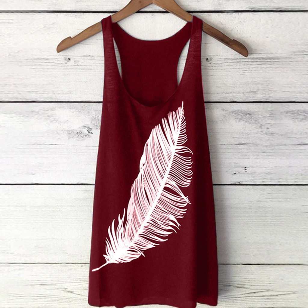 Women Tank Top Feather Printed Summer Casual Loose O-Neck Sleeveless T Shirt wine red