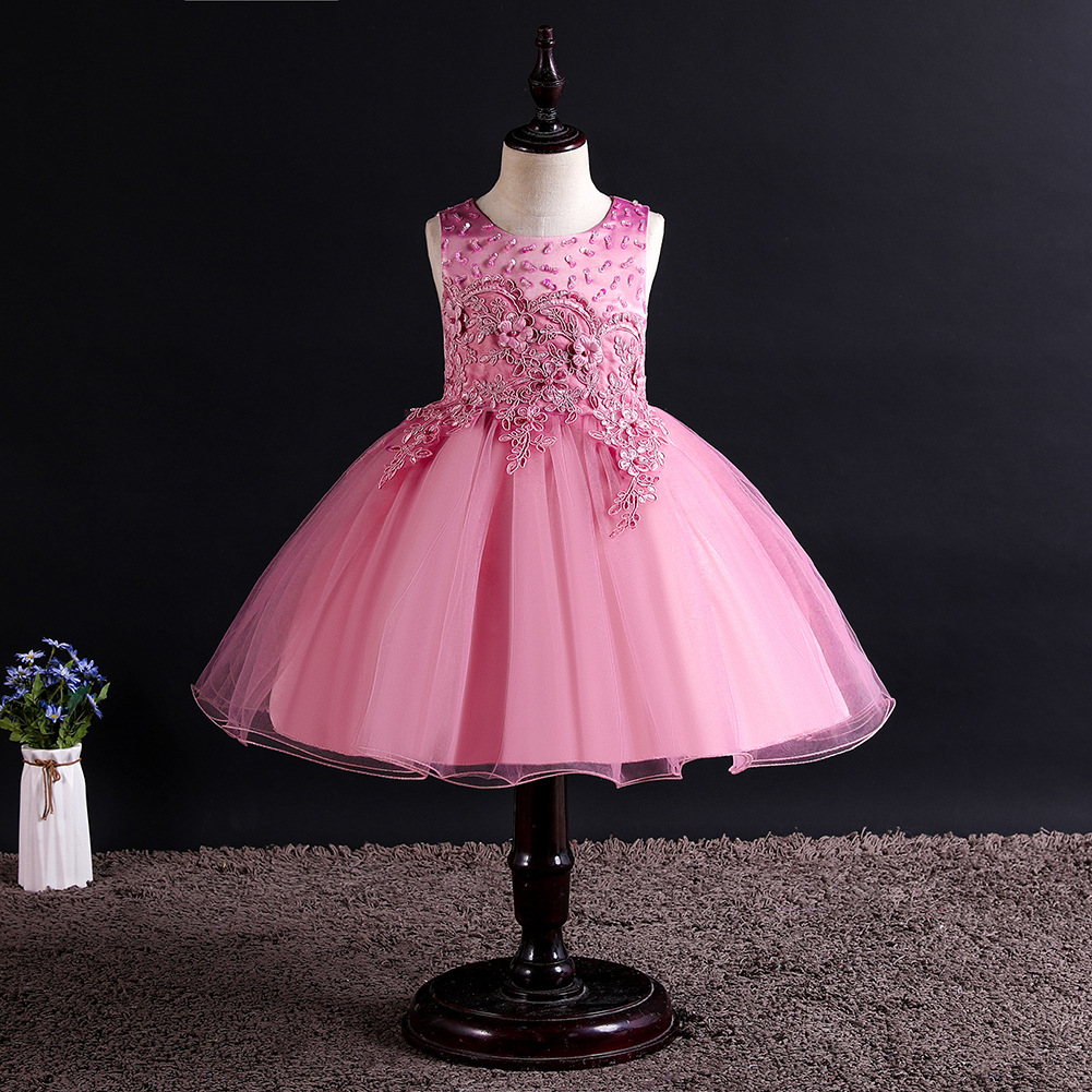 Lace Flower Girl Dress Princess Wedding Birthday Formal Tutu Party Gown Children Kids Clothes Pink