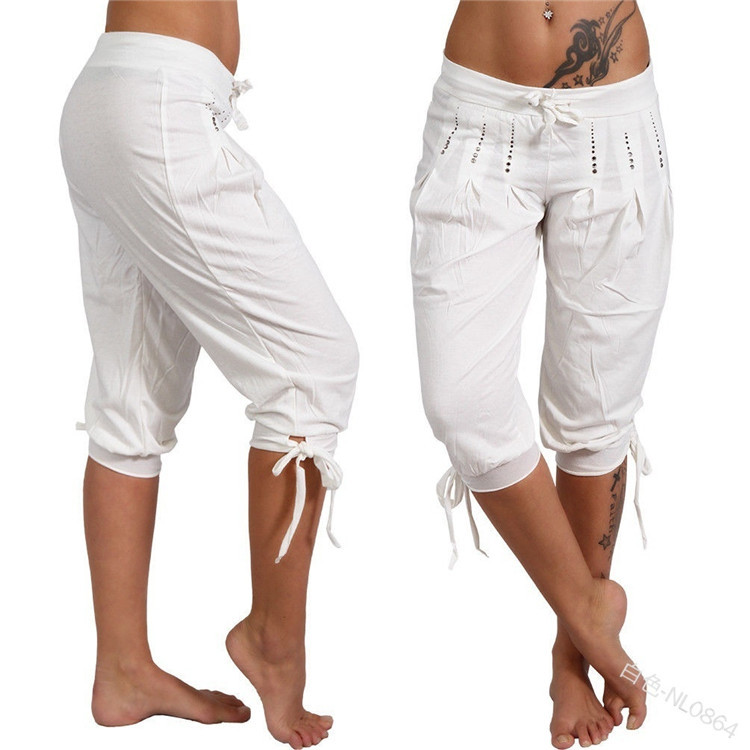 Women Cropped Pants Summer Sequined Bandage Mid Waist Plus Size Casual Trousers white
