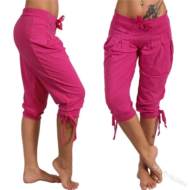 Women Cropped Pants Summer Sequined Bandage Mid Waist Plus Size Casual Trousers hot pink