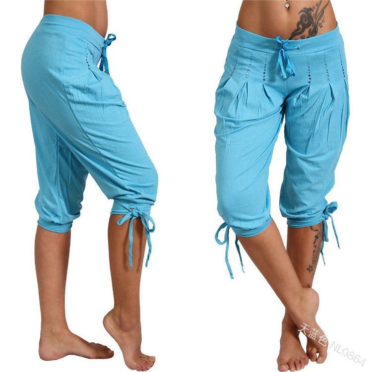 Women Cropped Pants Summer Sequined Bandage Mid Waist Plus Size Casual Trousers sky blue