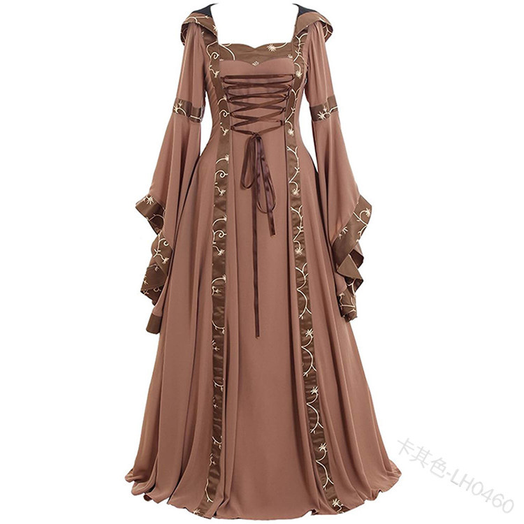 Women Maxi Dress Hooded Flare Sleeve Medieval Renaissance Gown Vintage Halloween Costume khaki