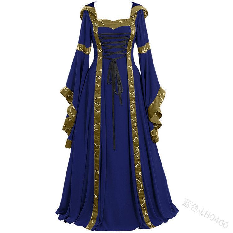  Women Maxi Dress Hooded Flare Sleeve Medieval Renaissance Gown Vintage Halloween Costume blue