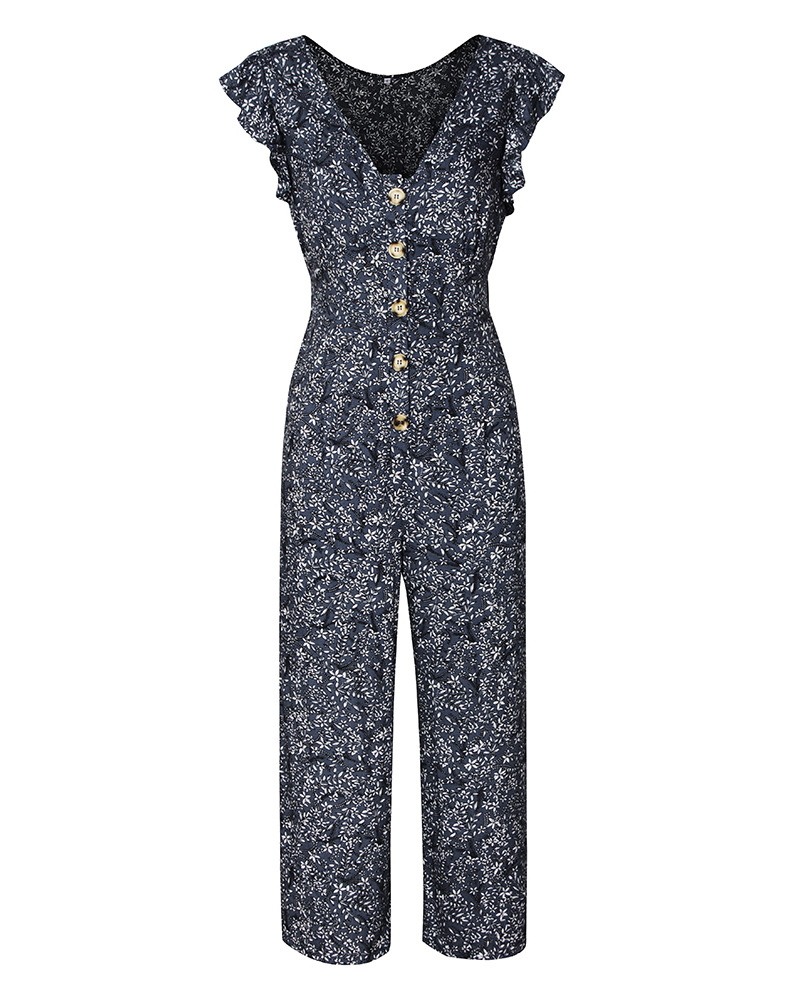 Women Jumpsuit V-neck Sleeveless Floral Printed Button Casual Loose Romper Overalls Navy Blue