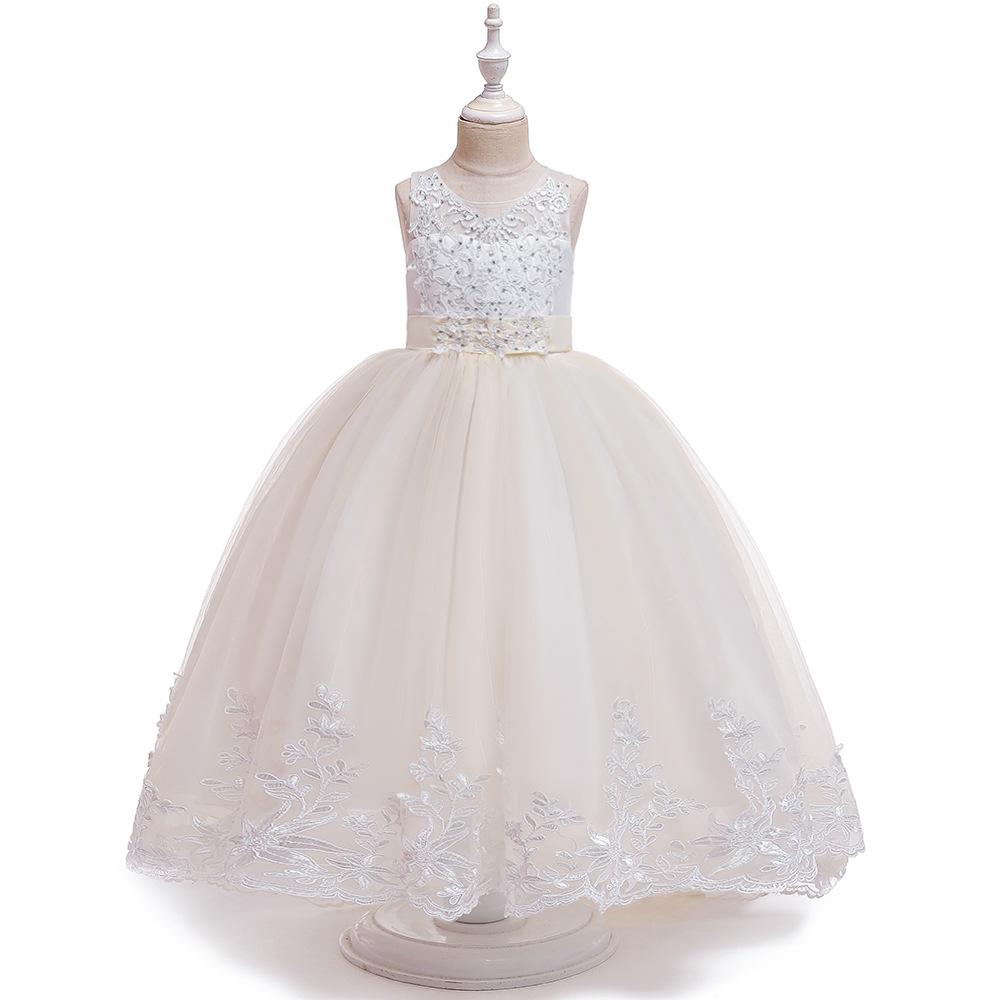 Long Flower Girls Dress Trailing Lace Tutu Wedding Birthday Formal Party Gown Kids Children Clothes Champagne