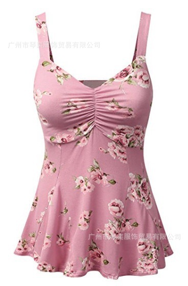  Womens Sleeveless Shirtdress Vintage Floral V Neck Tank Top Floral Summer Vest Blouse pink