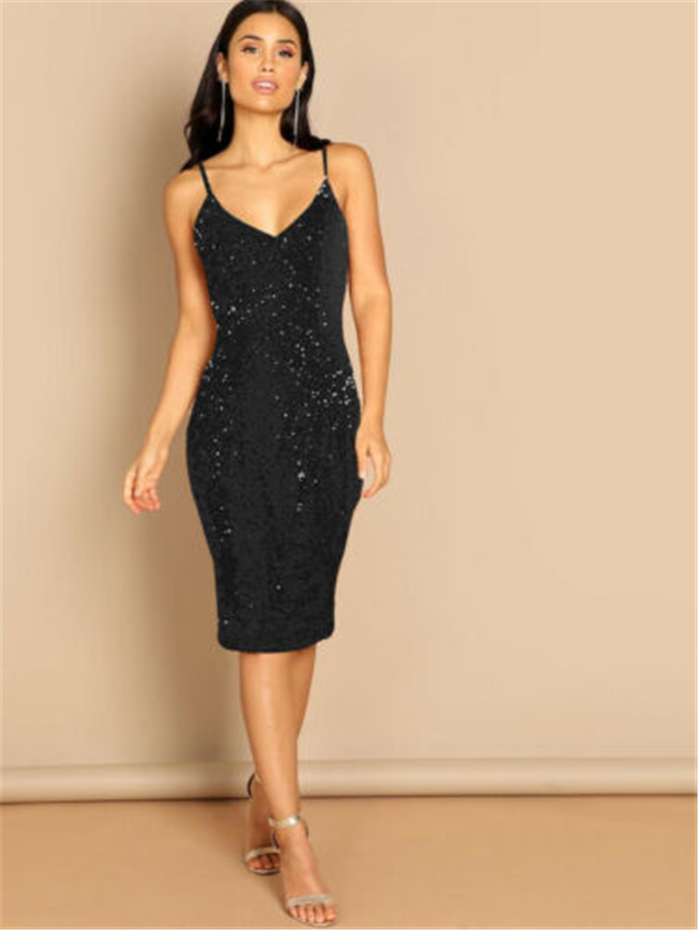  Fashion Sexy Women Ladies Sleeveless Sequins Bodycon Evening Party Formal Dress black