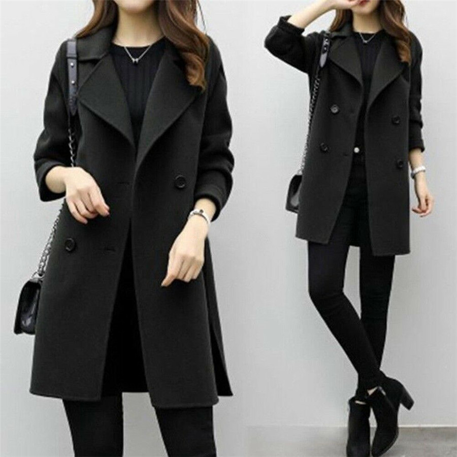  Women Winter Warm Trench Wool Parka Long Slim Coat Outwear Long Lapel Jacket lot black