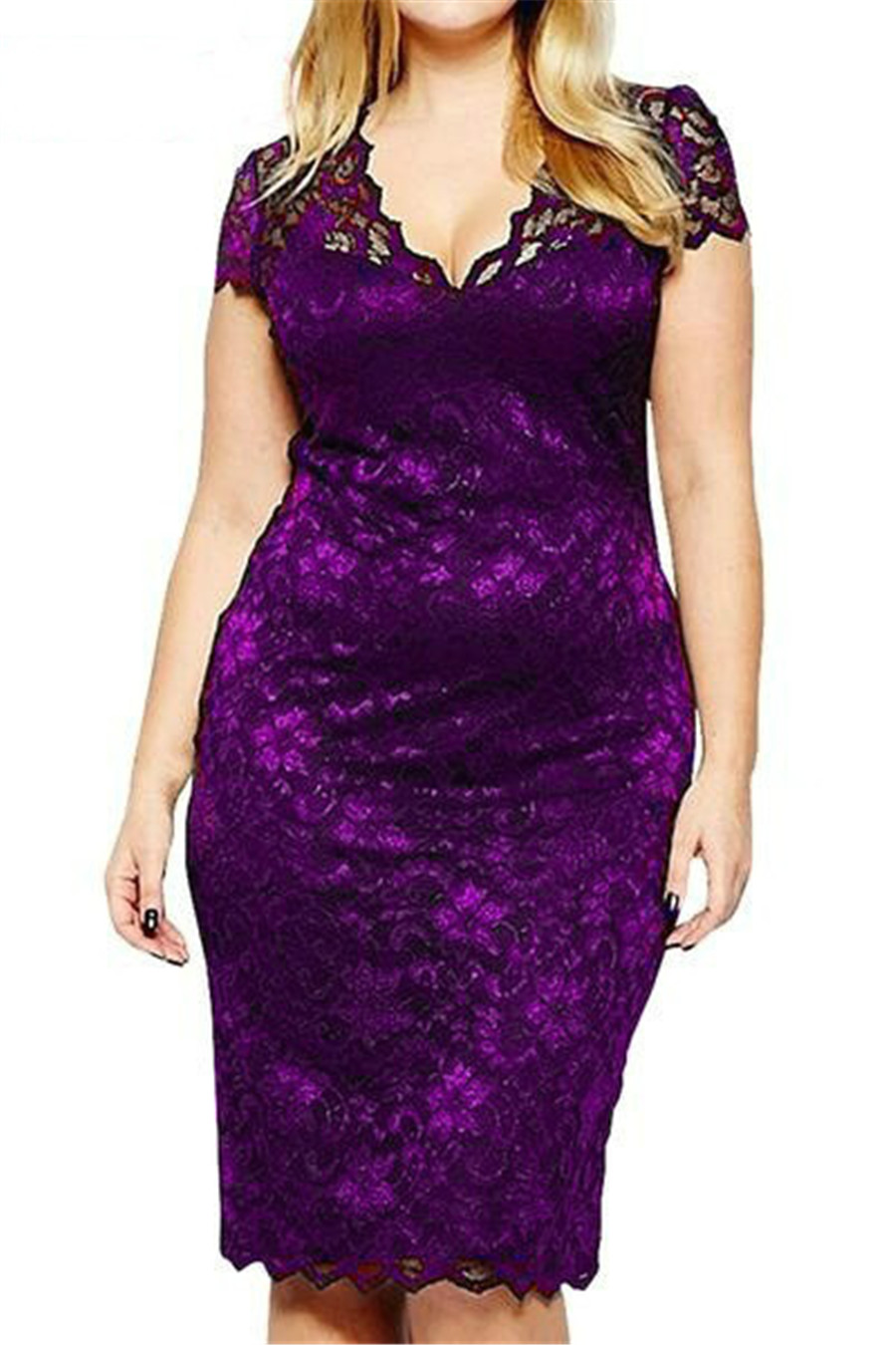 Womens Celeb Bodycon Lace Midi Dresses V-neck Short Sleeve Party Dress Plus Size purple