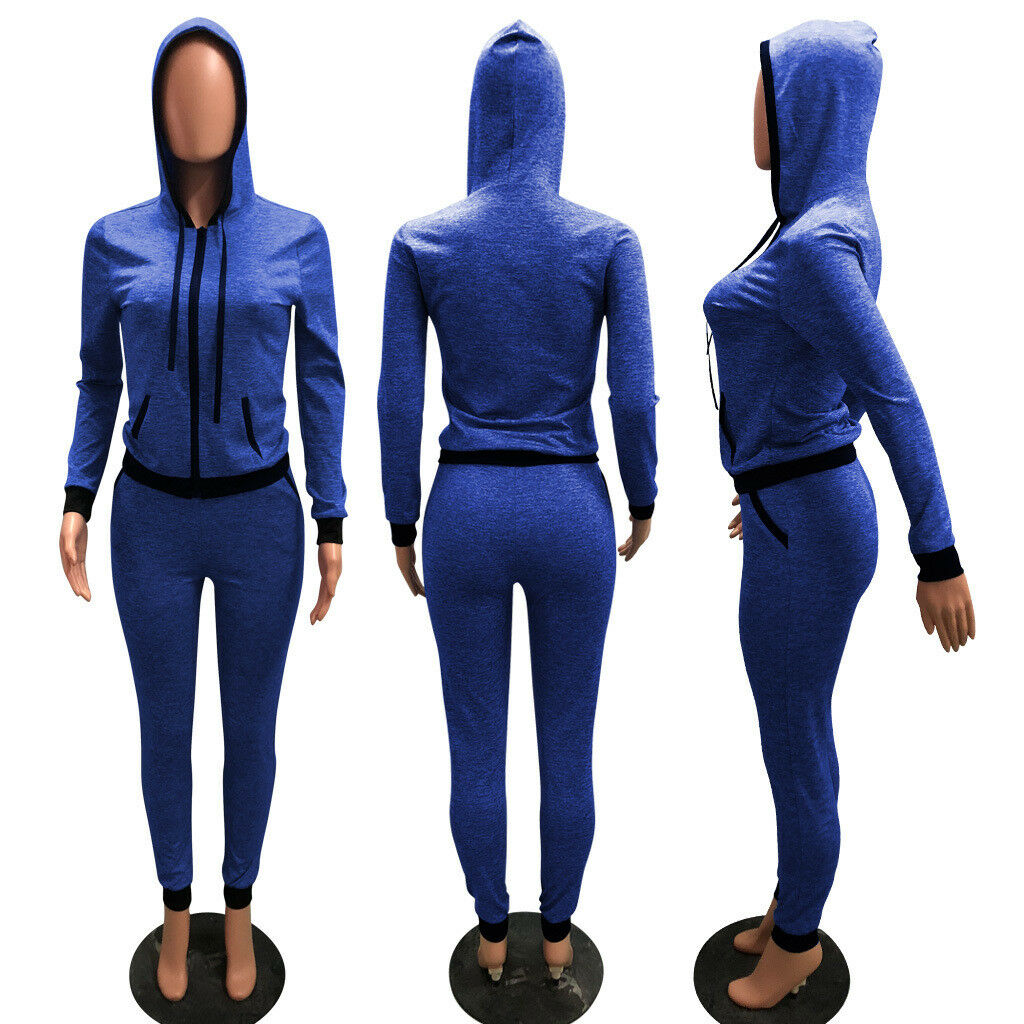 Women Long Sleeves Hoodie Coat Bodycon Jumpsuit Rompers Casual Sport Suits 2pcs Bule