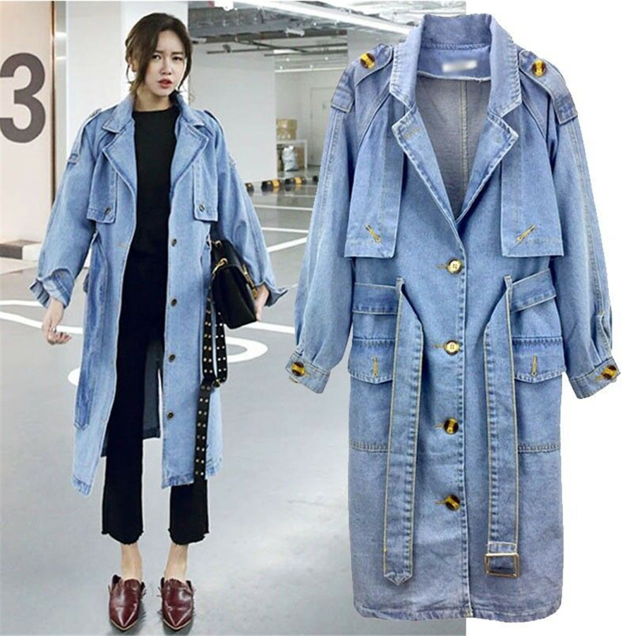Korean Womens Loose Belt Jean Jackets Long Sleeve Denim Long Coat Trench Coat