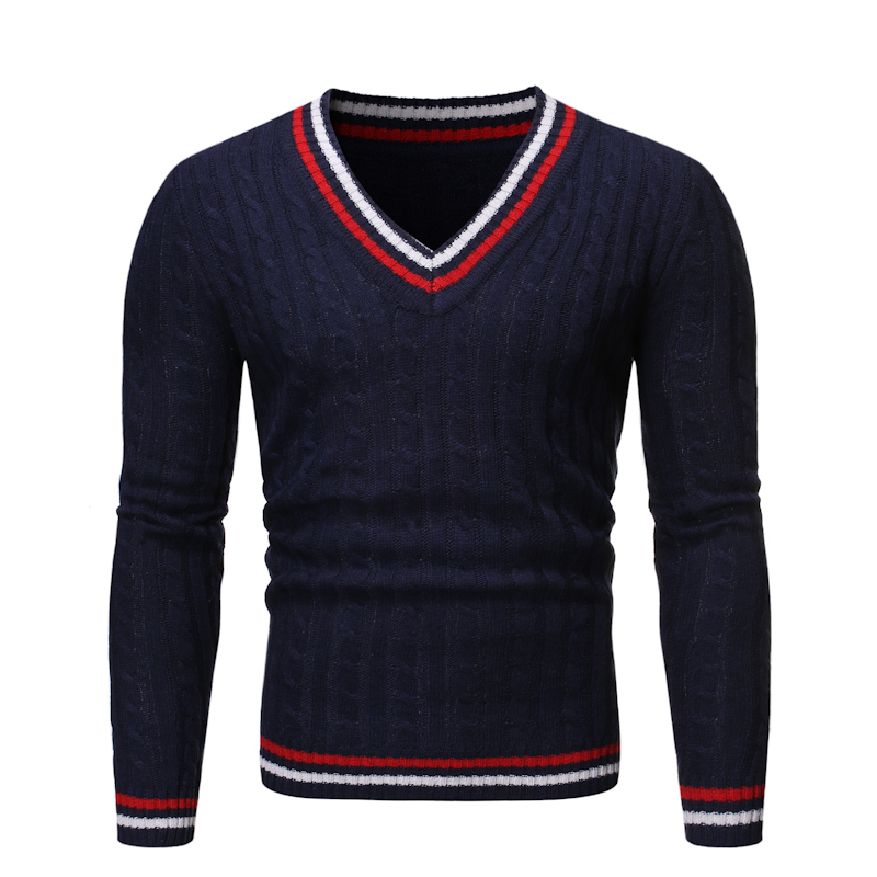  Men autumn winter sweater new contrast color V-neck long sleeve Cross-border European code youth college wind casual tops