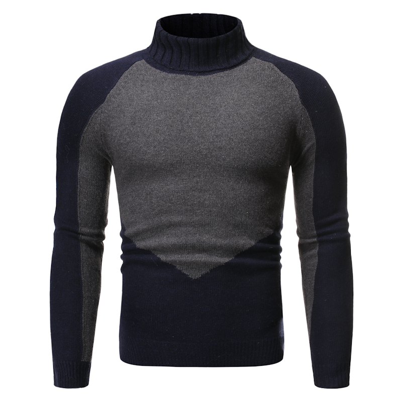 Men autumn patchwork winter hot spotted high-neck sweaters long sleeve style simple warm casual tops