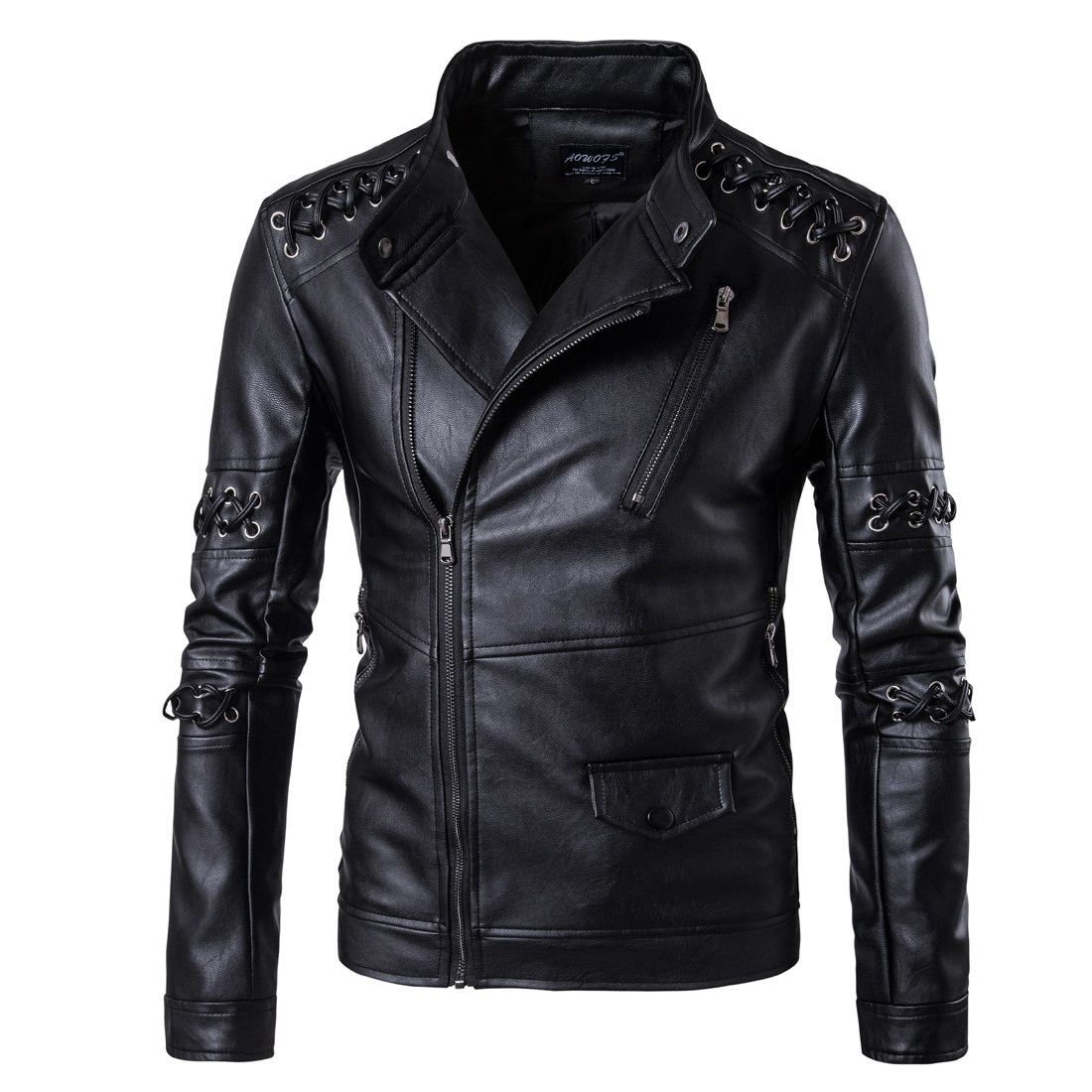 Design Men Pu Leather Jackets Stand Collarlong Sleeves Braided