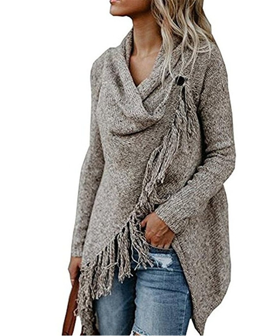Womens Lady Knitted Poncho Jumper Sweater Cardigan Tassel Fringe Shawl Coat